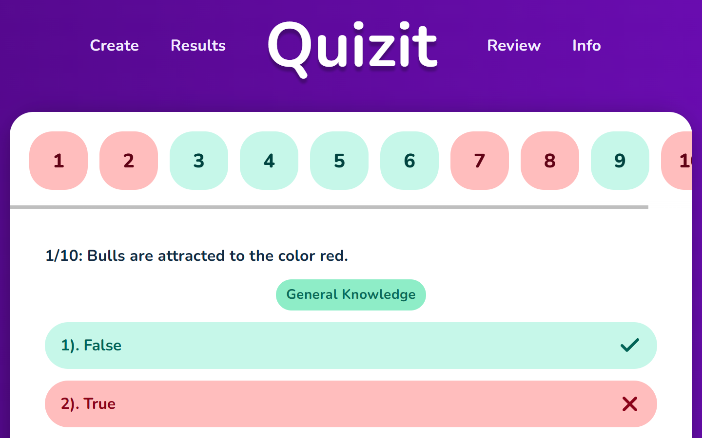 Quizit review page showing questions and answers