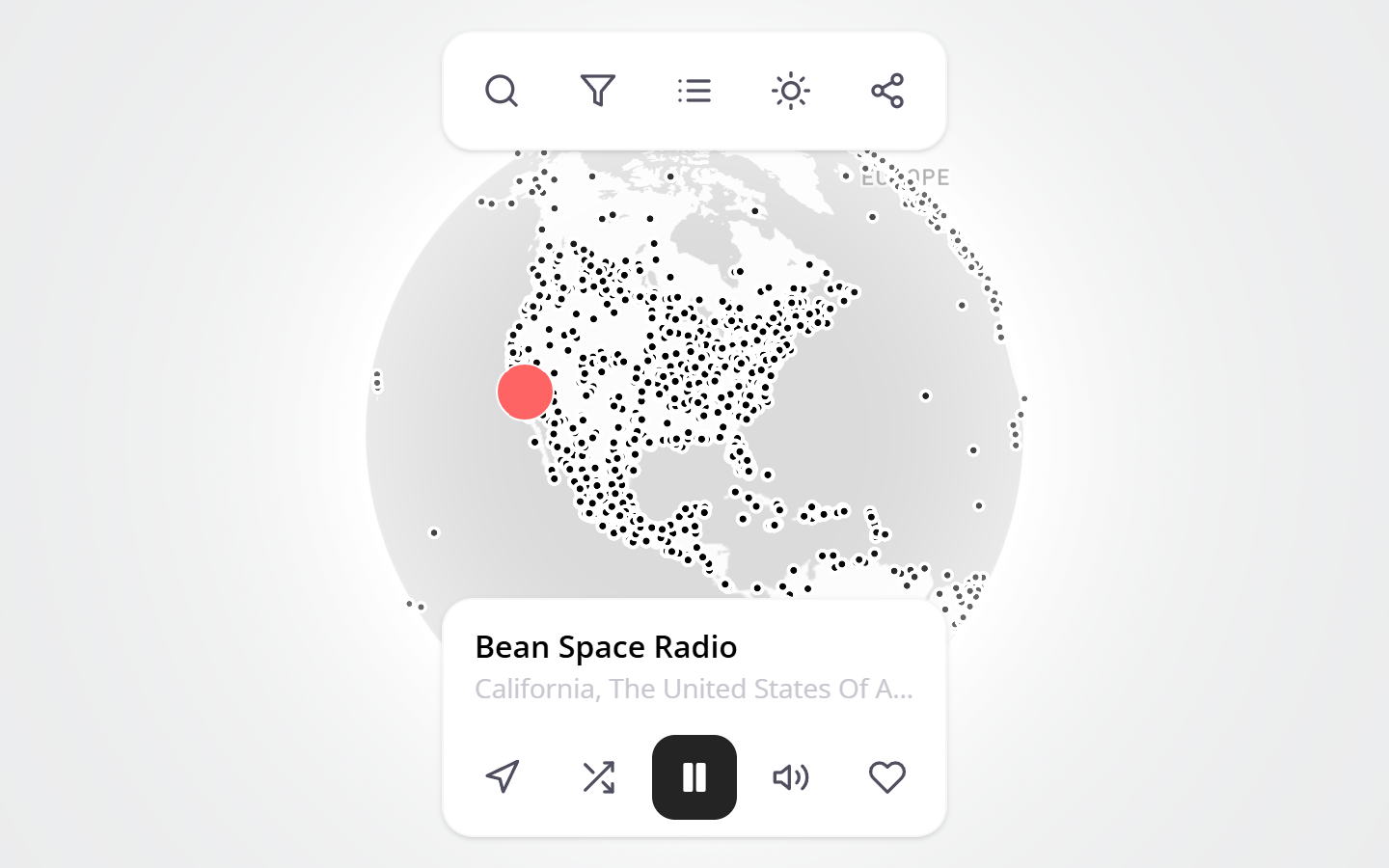 RadioGlobe home page showing globe with radio stations and station select controls